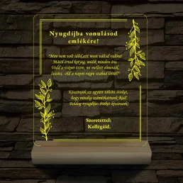 Nyugdíjazási Emléklámpa Személyre Szabott Szöveggel 3D LED 7 Színű Fa Talppal 