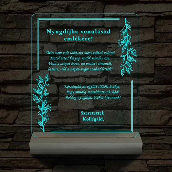 Nyugdíjazási Emléklámpa Személyre Szabott Szöveggel 3D LED 7 Színű Fa Talppal 
