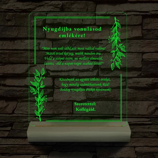 Nyugdíjazási Emléklámpa Személyre Szabott Szöveggel 3D LED 7 Színű Fa Talppal 