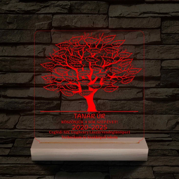 Leveles osztályfa fatalppal 7 színű 3D led lámpa