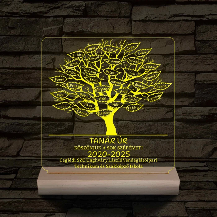 Leveles osztályfa fatalppal 7 színű 3D led lámpa