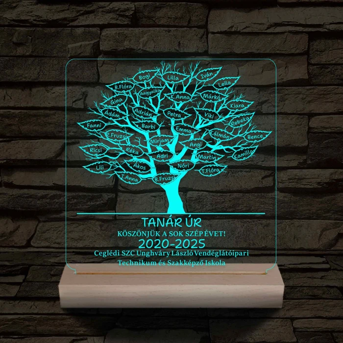 Leveles osztályfa fatalppal 7 színű 3D led lámpa