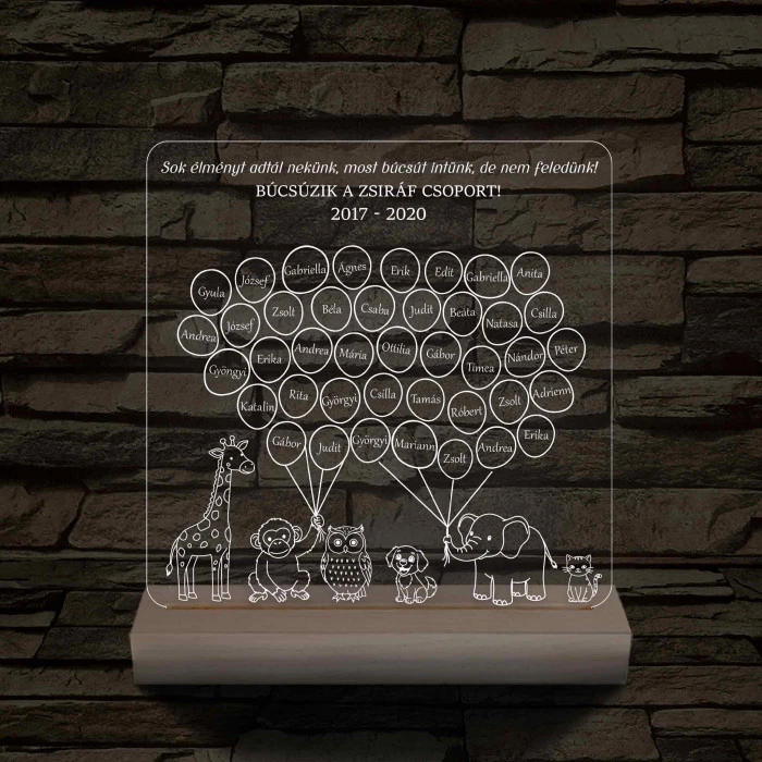 Lufis osztály személyre szabott, színváltós fatalppal 7 színű 3D led lámpa (az állatokon nem módosítunk!!)