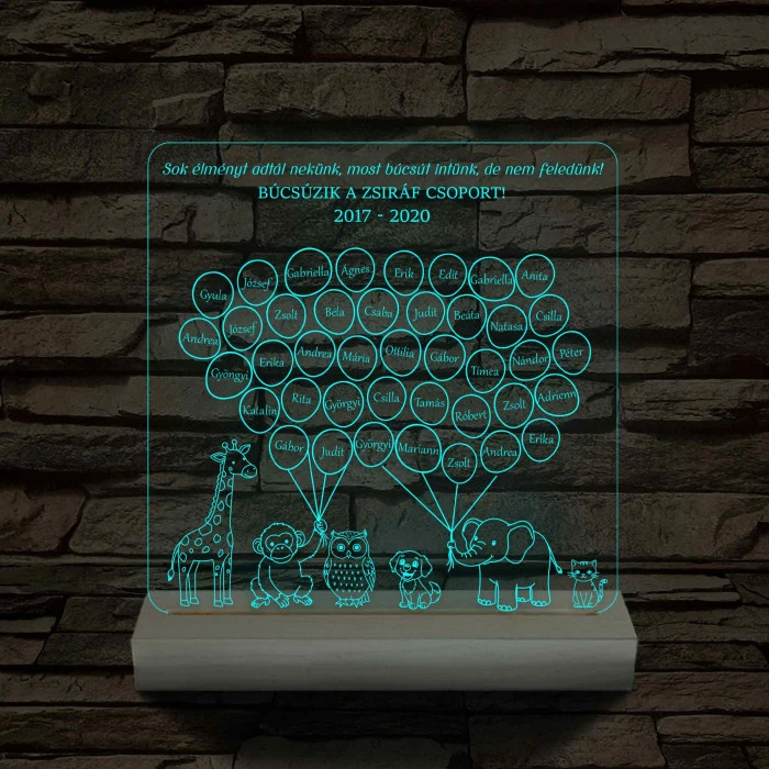 Lufis osztály személyre szabott, színváltós fatalppal 7 színű 3D led lámpa (az állatokon nem módosítunk!!)