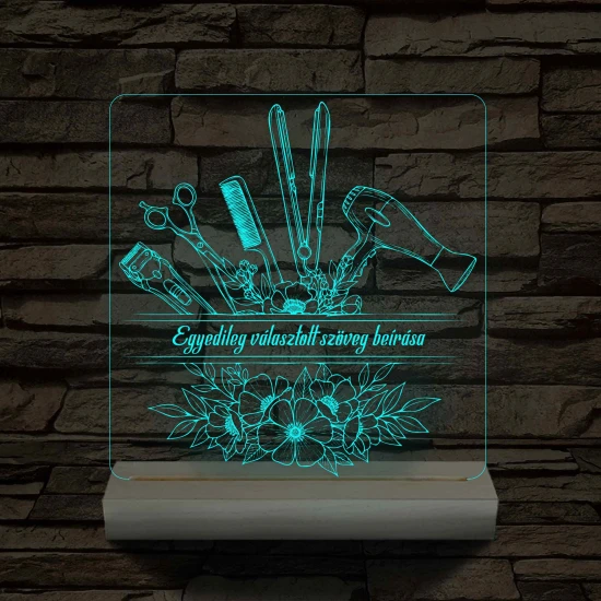 Fodrászcsokor  személyre szabott fatalppal 7 színű 3D led lámpa