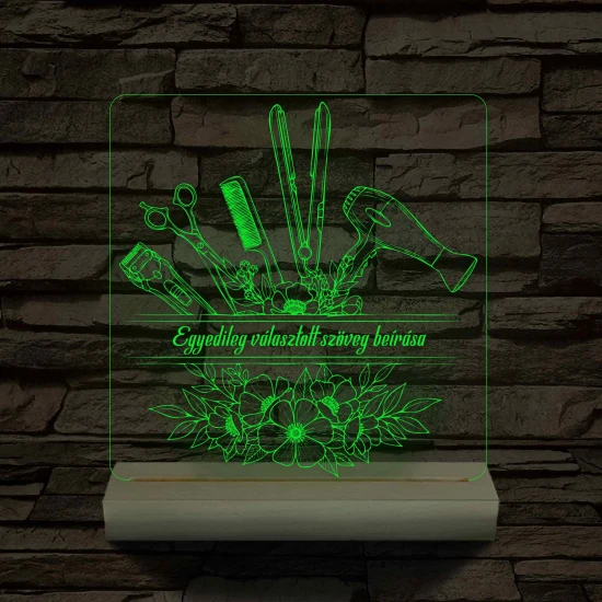 Fodrászcsokor  személyre szabott fatalppal 7 színű 3D led lámpa