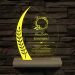Gravírozott levélmintás plexi díj – fatalppal, színváltós személyre szabott LED lámpa