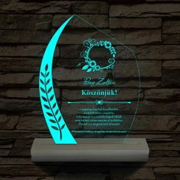 Gravírozott levélmintás plexi díj – fatalppal, színváltós személyre szabott LED lámpa