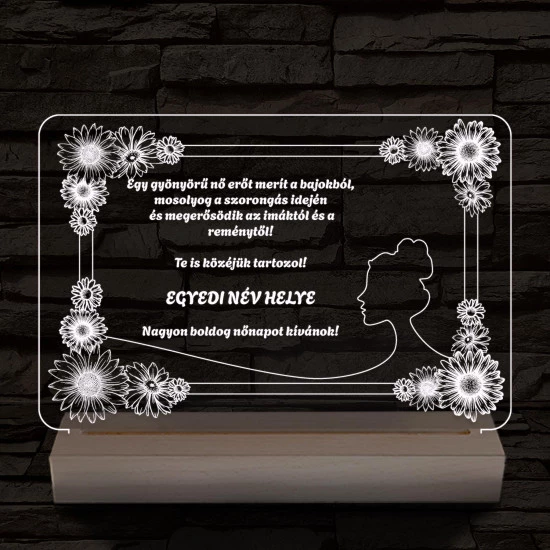 Nőnapi virágos-keretes egyedi személyre szabott 20 cm fa talppal 7 színű 3D led lámpa