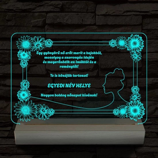 Nőnapi virágos-keretes egyedi személyre szabott 20 cm fa talppal 7 színű 3D led lámpa