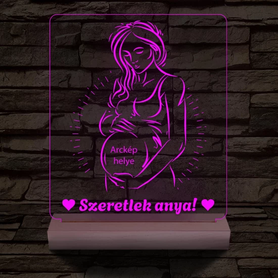 Szeretlek anya, egyedi fotógravírozás fatalppal 7 színű 3D led lámpa