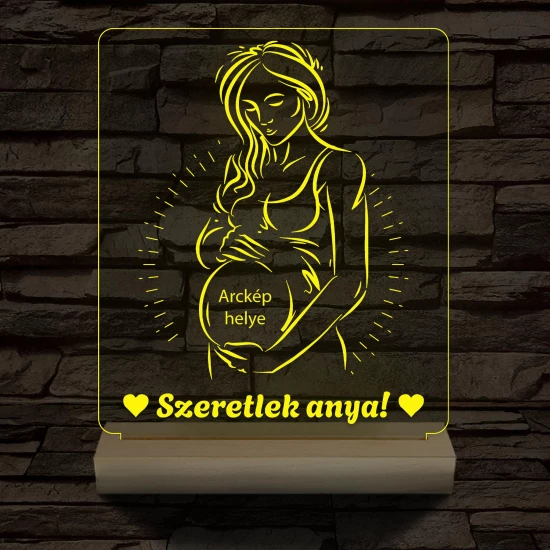 Szeretlek anya, egyedi fotógravírozás fatalppal 7 színű 3D led lámpa