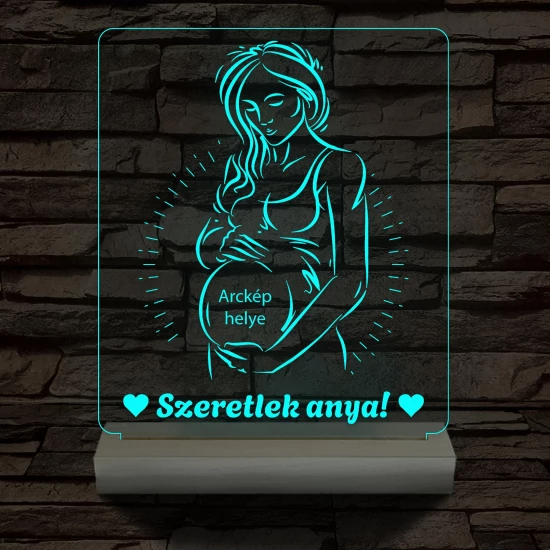 Szeretlek anya, egyedi fotógravírozás fatalppal 7 színű 3D led lámpa