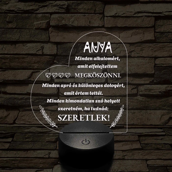 Szív Alakú 3D LED Lámpa – Megható Üzenettel Anyukáknak 7 színű 3D led lámpa