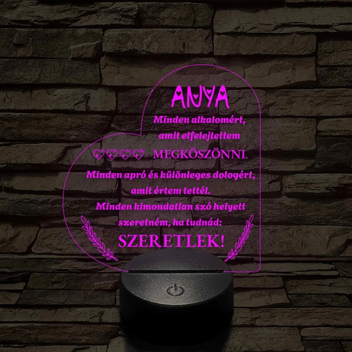 Szív Alakú 3D LED Lámpa – Megható Üzenettel Anyukáknak 7 színű 3D led lámpa