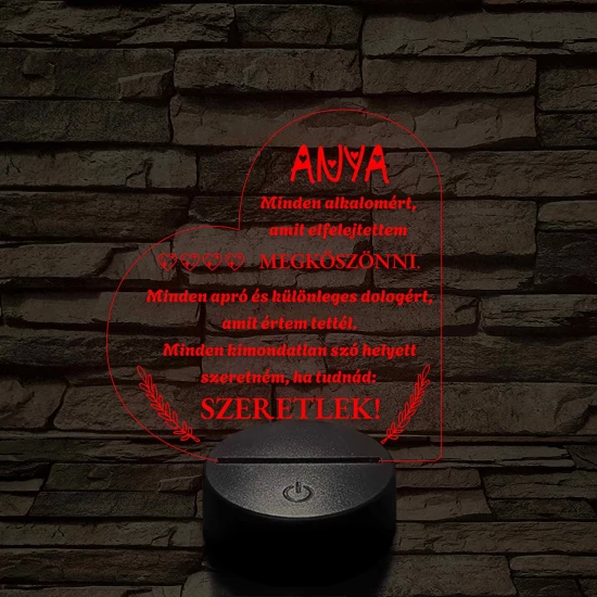 Szív Alakú 3D LED Lámpa – Megható Üzenettel Anyukáknak 7 színű 3D led lámpa