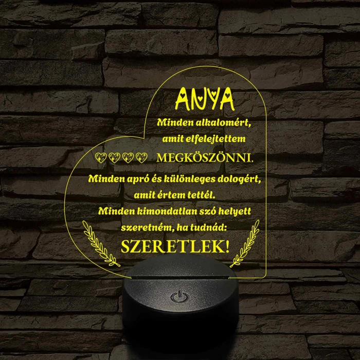 Szív Alakú 3D LED Lámpa – Megható Üzenettel Anyukáknak 7 színű 3D led lámpa