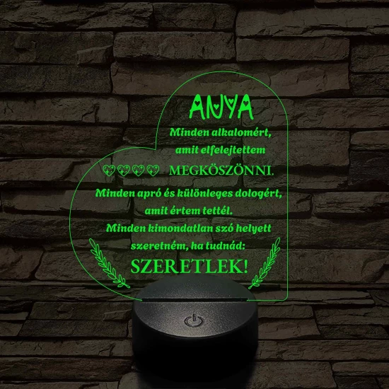 Szív Alakú 3D LED Lámpa – Megható Üzenettel Anyukáknak 7 színű 3D led lámpa
