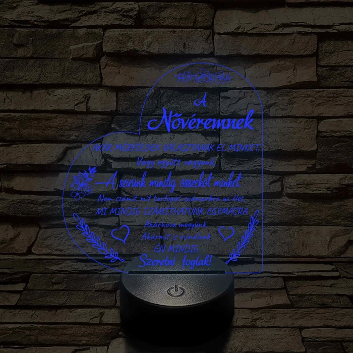 Nővéremnek – szívalakú, idézetes, 7 színű színváltós 3D LED lámpa