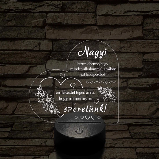 Nagyi – Szívalakú, színváltós 7 színű LED lámpa szeretetteljes üzenettel