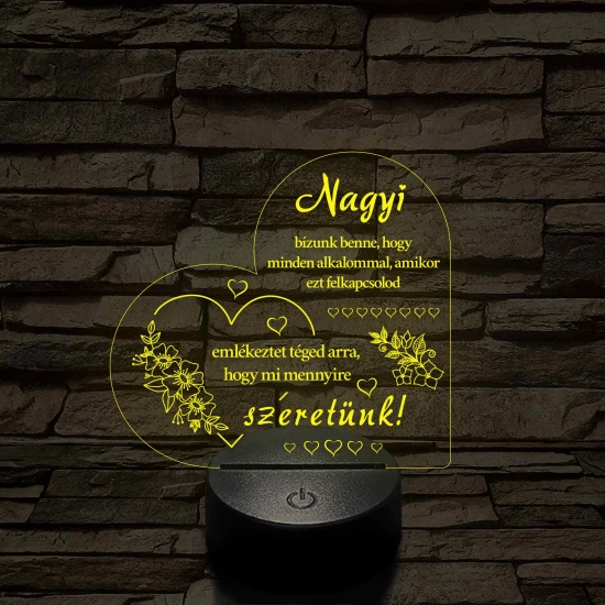 Nagyi – Szívalakú, színváltós 7 színű LED lámpa szeretetteljes üzenettel
