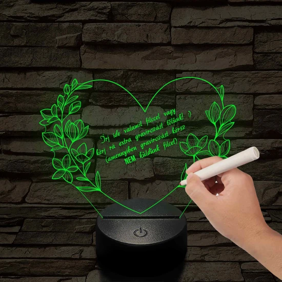 Írható szív virágokkal 7 színű 3D led lámpa (Kérhetsz rá tőlünk extra gravírozást, amennyiben nem kérsz akkor küldünk külön filctollat hozzá)