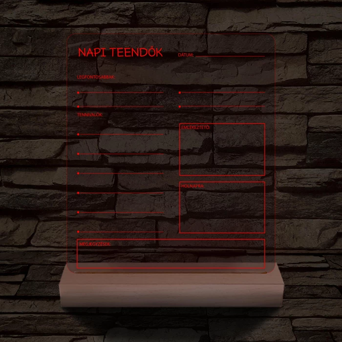 Napi teendők írható 3D led lámpa fatalppal 7 színű 