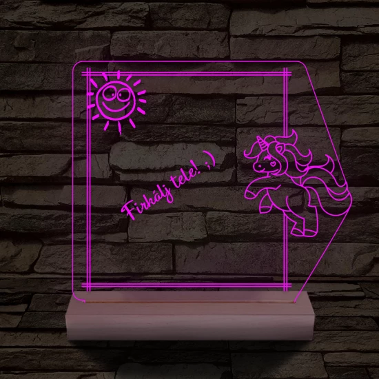 Írható unikornis 3D led lámpa fatalppal 7 színű 