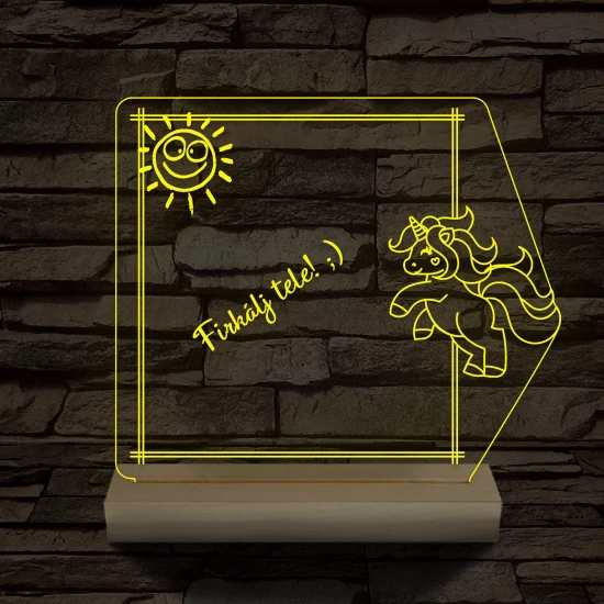 Írható unikornis 3D led lámpa fatalppal 7 színű 