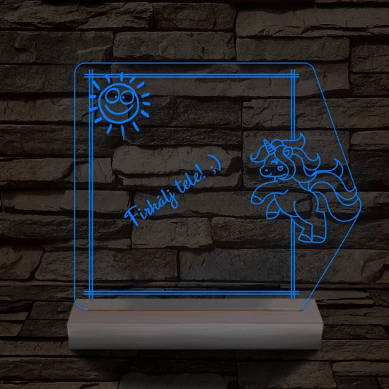 Írható unikornis 3D led lámpa fatalppal 7 színű 