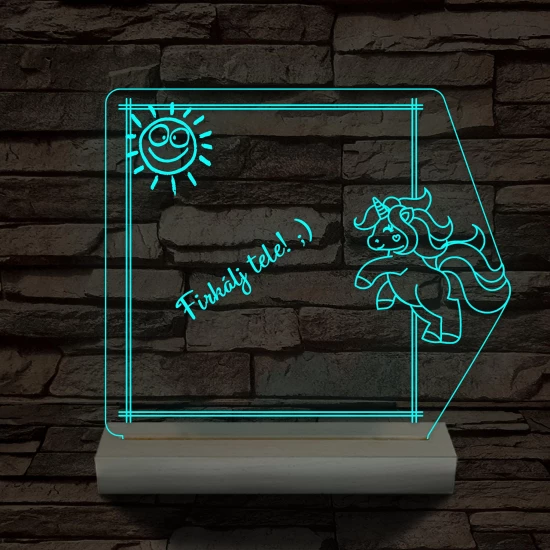 Írható unikornis 3D led lámpa fatalppal 7 színű 