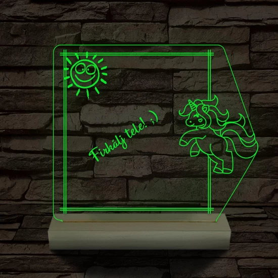 Írható unikornis 3D led lámpa fatalppal 7 színű 
