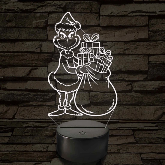 Grincs ajándékos zsákkal – 7 színű, színváltós 3D LED lámpa