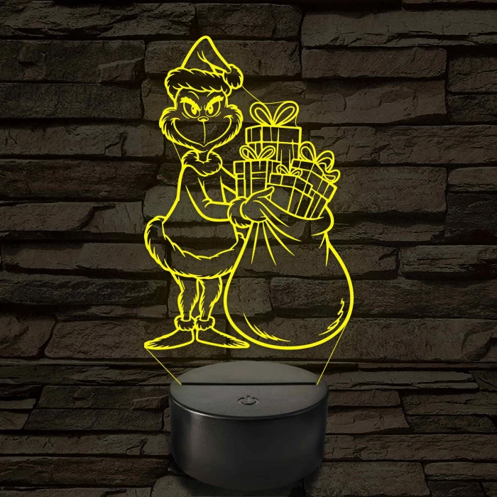 Grincs ajándékos zsákkal – 7 színű, színváltós 3D LED lámpa
