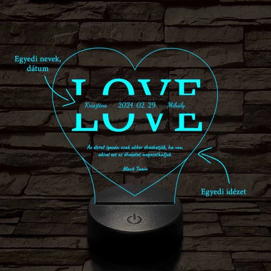 Egyedi esküvős, Valentinos szív-alakú beírós LOVE szív-forma 7 színű 3D led lámpa