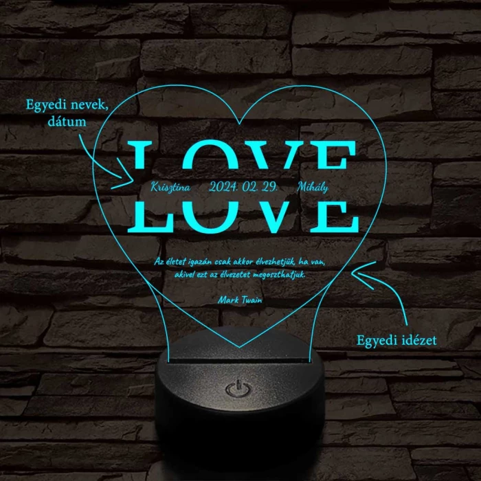 Egyedi esküvős, Valentinos szív-alakú beírós LOVE szív-forma 7 színű 3D led lámpa