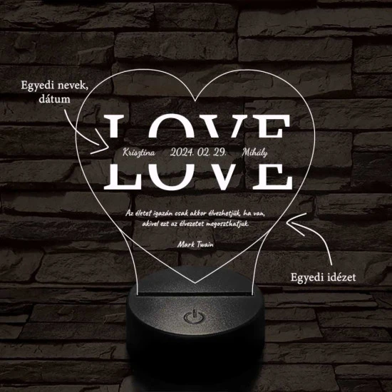 Egyedi esküvős, Valentinos szív-alakú beírós LOVE szív-forma 7 színű 3D led lámpa