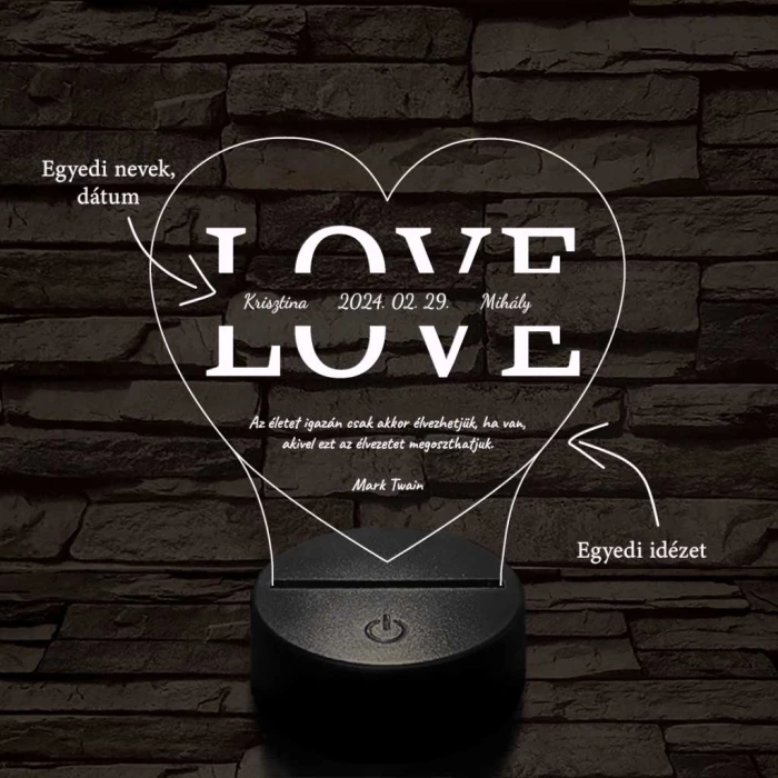 Egyedi esküvős, Valentinos szív-alakú beírós LOVE szív-forma 7 színű 3D led lámpa