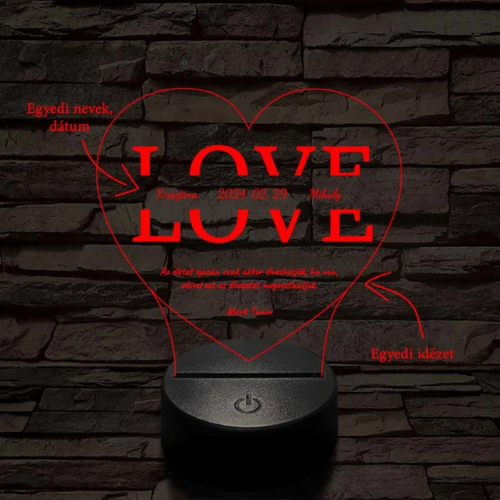 Egyedi esküvős, Valentinos szív-alakú beírós LOVE szív-forma 7 színű 3D led lámpa