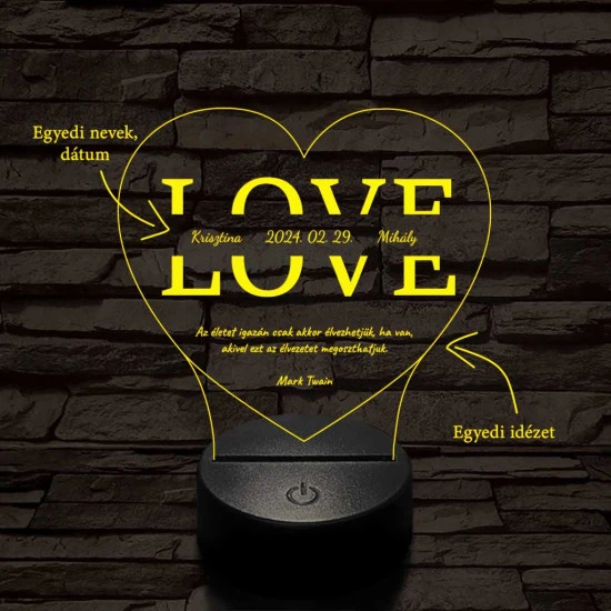 Egyedi esküvős, Valentinos szív-alakú beírós LOVE szív-forma 7 színű 3D led lámpa