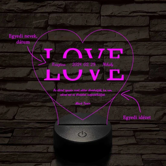 Egyedi esküvős, Valentinos szív-alakú beírós LOVE szív-forma 7 színű 3D led lámpa
