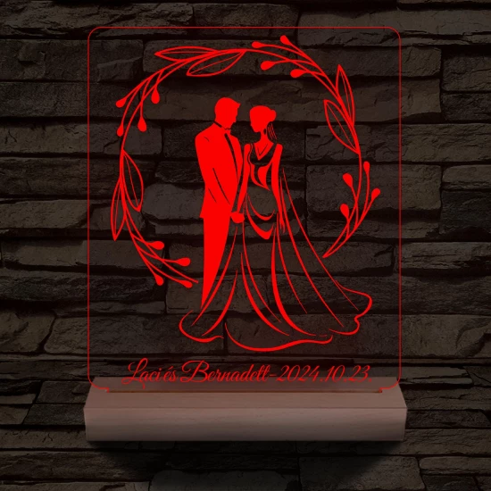 Esküvői pár babér koszorúban személyre szabott 20 cm fa talppal 7 színű 3D led lámpa