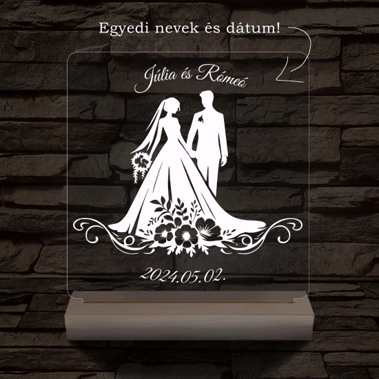 Esküvő Rómeó és Júlia egy pár személyre szabott 20 cm fa talppal 7 színű 3D led lámpa