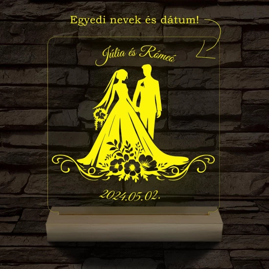 Esküvő Rómeó és Júlia egy pár személyre szabott 20 cm fa talppal 7 színű 3D led lámpa