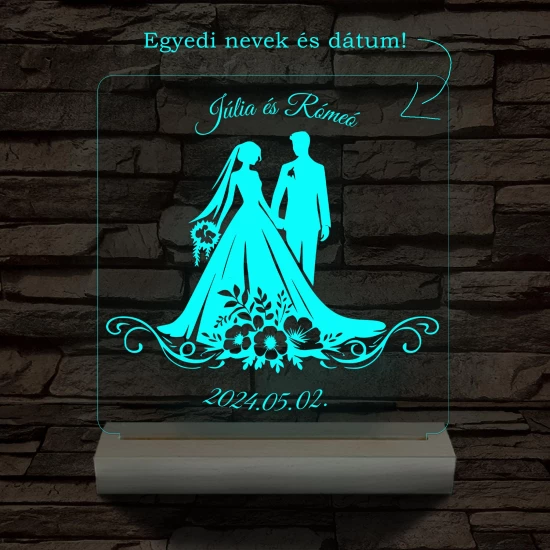 Esküvő Rómeó és Júlia egy pár személyre szabott 20 cm fa talppal 7 színű 3D led lámpa