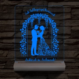 Borostyános kapu  eljegyzés, esküvő személyre szabott 20 cm fa talppal 7 színű 3D led lámpa