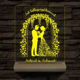 Borostyános kapu  eljegyzés, esküvő személyre szabott 20 cm fa talppal 7 színű 3D led lámpa