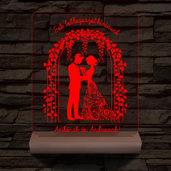 Borostyános kapu  eljegyzés, esküvő személyre szabott 20 cm fa talppal 7 színű 3D led lámpa