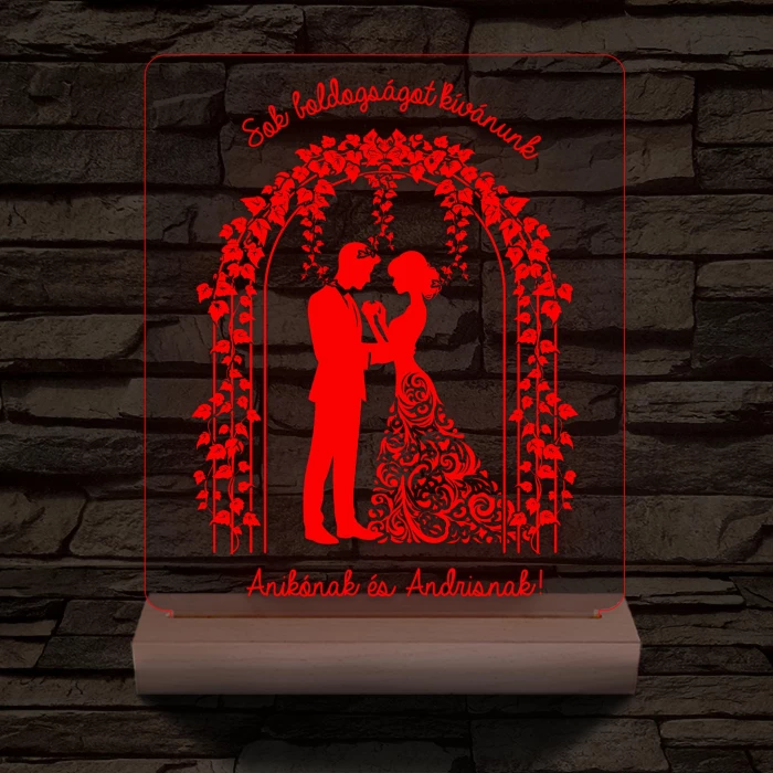 Borostyános kapu  eljegyzés, esküvő személyre szabott 20 cm fa talppal 7 színű 3D led lámpa