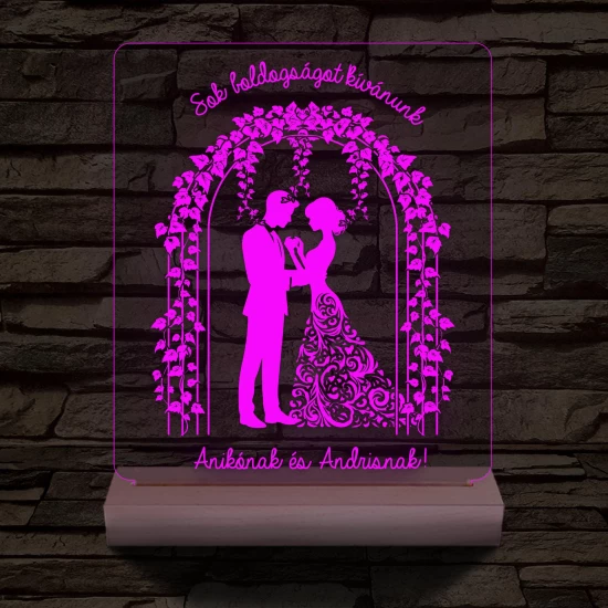 Borostyános kapu  eljegyzés, esküvő személyre szabott 20 cm fa talppal 7 színű 3D led lámpa
